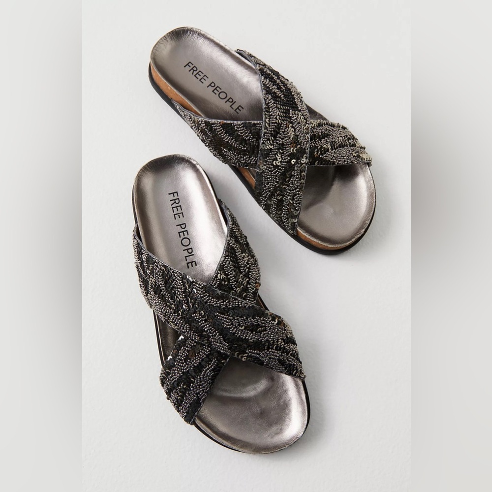 Free People Moon Child Metallic Sequin And Bead Embellished Sandals, NWOT